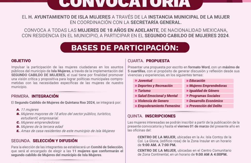 Gobierno de Isla Mujeres lanza convocatoria para el Segundo Cabildo de Mujeres